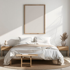 Frame mockup poster on the white wall in the scandinavian bed room with plant decoration