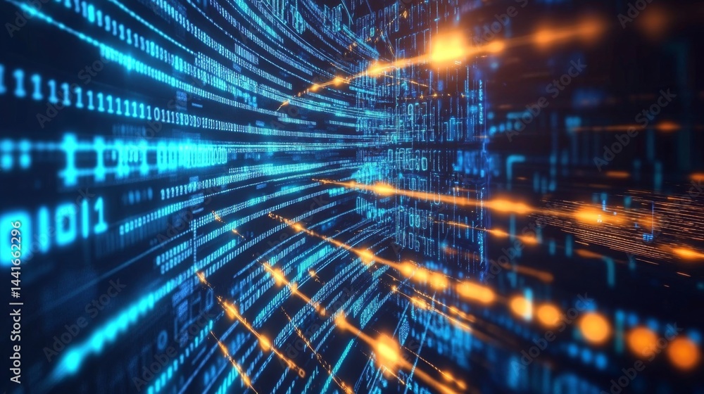 Poster dynamic data flow visualization digital realm infographic cyber environment abstract perspective tec