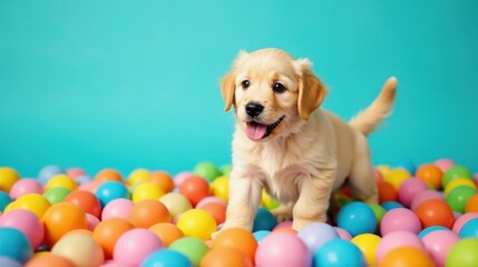 A playful golden retriever puppy amidst a vibrant sea of colorful balls, a joyful scene of canine curiosity and childlike wonder.