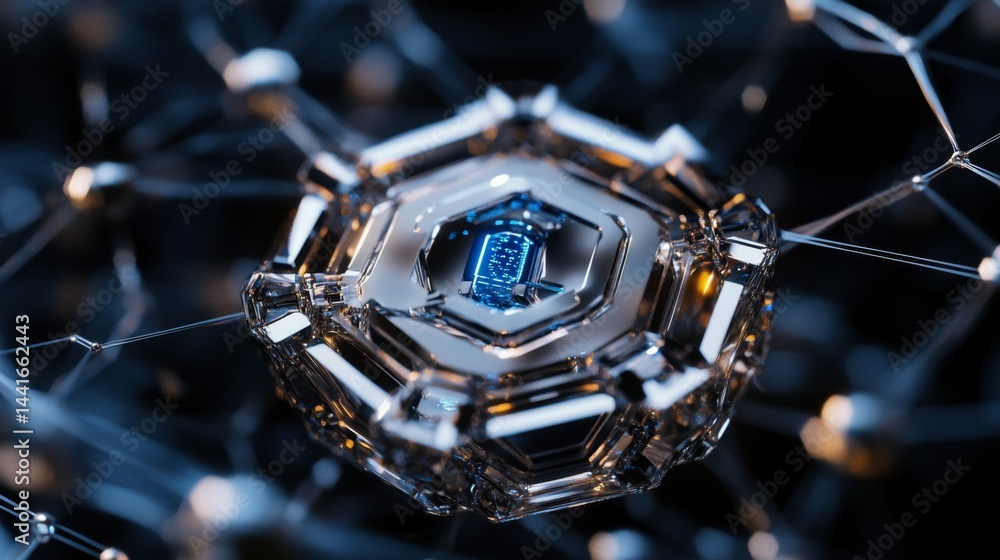 Poster futuristic quantum computing technology digital network 3d rendering high-tech environment close-up 