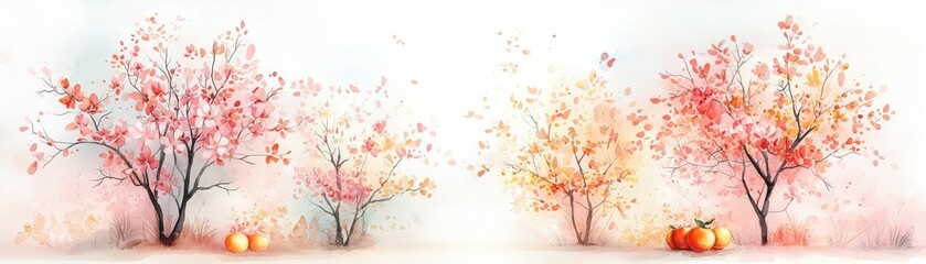 Watercolor autumn trees with falling leaves and pumpkins on the ground, creating a serene seasonal landscape.