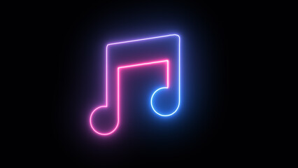 Neon glowing single musical note icon. Neon music icon illustration. Animation music note neon blue and pink color