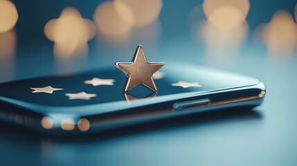 A shiny star on a smartphone with blurred star shapes in the background, symbolizing ratings or digital achievement.