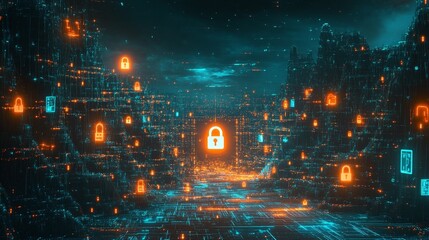 Fototapeta premium Cybersecurity innovations in digital landscapes virtual world graphic art futuristic environment aerial view protection concepts