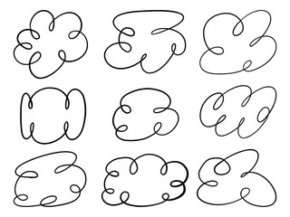 Abstract Hand Drawn Cloud Loop. A collection of 9 abstract cloud shapes made from continuous hand drawn loops and swirls in minimalist line art style perfect for decorative design accents