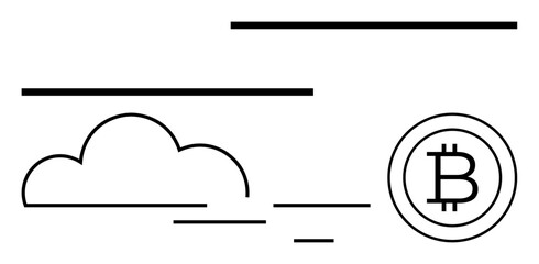 Simplistic design of a cloud and Bitcoin, representing digital currency transfer. Ideal for blockchain, finance, technology, cloud computing, innovation, cryptocurrency fintech concepts. Minimalist