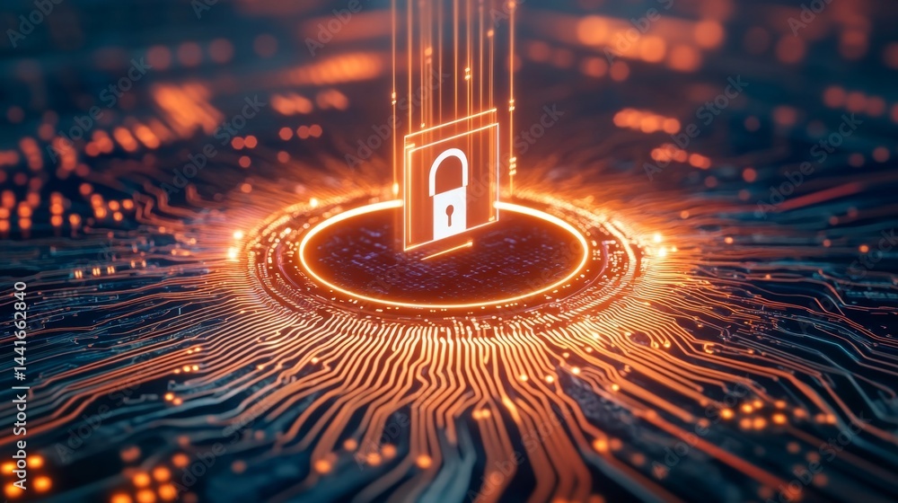 Poster data security event featuring a digital lock icon virtual environment cybersecurity concept tech vis