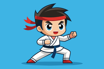 Fototapeta premium A cheerful young martial artist, wearing a white karate gi with a blue belt, showcases a dynamic fighting stance, displaying enthusiasm and energy.