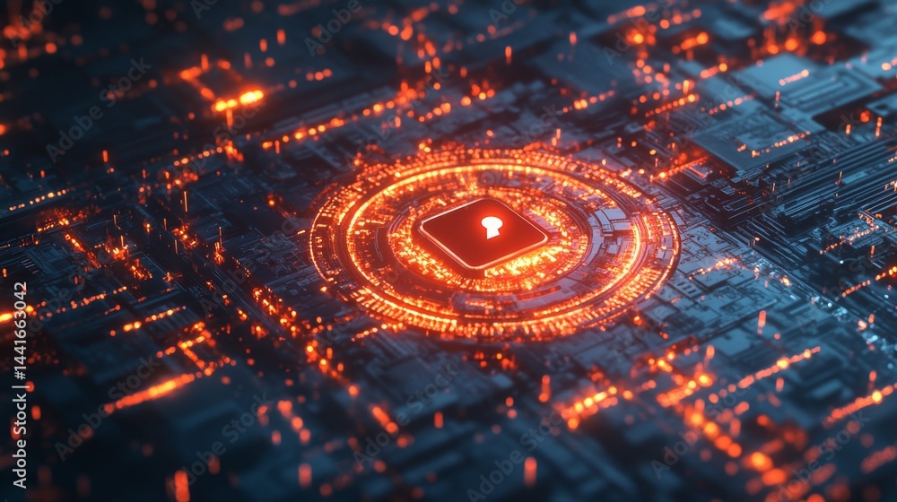 Poster futuristic tech visualization of a circuit board with glowing elements in a dark environment