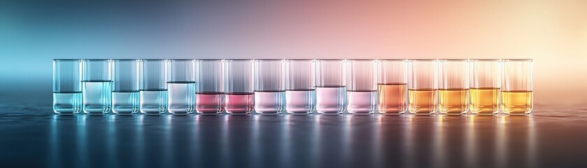 A row of glasses filled with colored liquids, transitioning from blue to red to orange, on a reflective surface with gradient lighting.