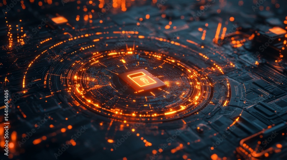 Poster dynamic digital circuitry visualization technology hub infographic neon environment aerial view futu