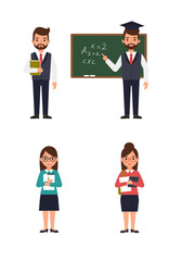 Simple flat design of four teacher characters standing on a white background, colorful, clean, professional, friendly.