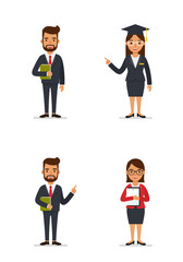 Simple flat design of four teacher characters standing on a white background, colorful, clean, professional, friendly.