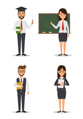 Simple flat design of four teacher characters standing on a white background, colorful, clean, professional, friendly.