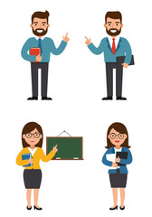 Simple flat design of four teacher characters standing on a white background, colorful, clean, professional, friendly.