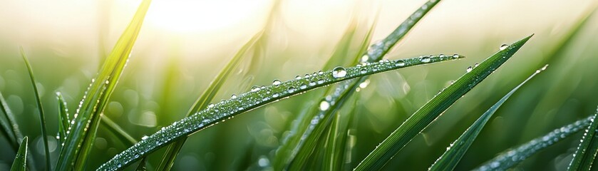 Naklejka premium Fresh green grass blades with morning dew drops glistening in soft sunlight.