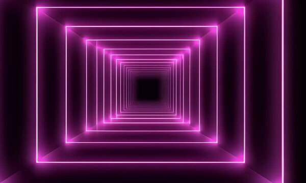 A purple neon light tunnel with a glowing square frame on a black background, in a flat lay composition.