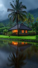 Serene lakeside bungalow at dusk
