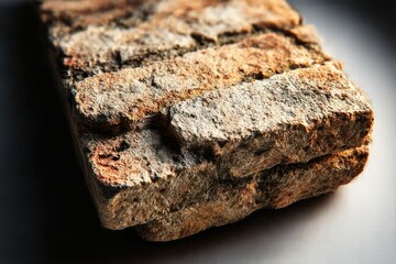 Close-up of a rough textured, rectangular stone slab with weathered and uneven surface in natural brown and gray tones against a soft background