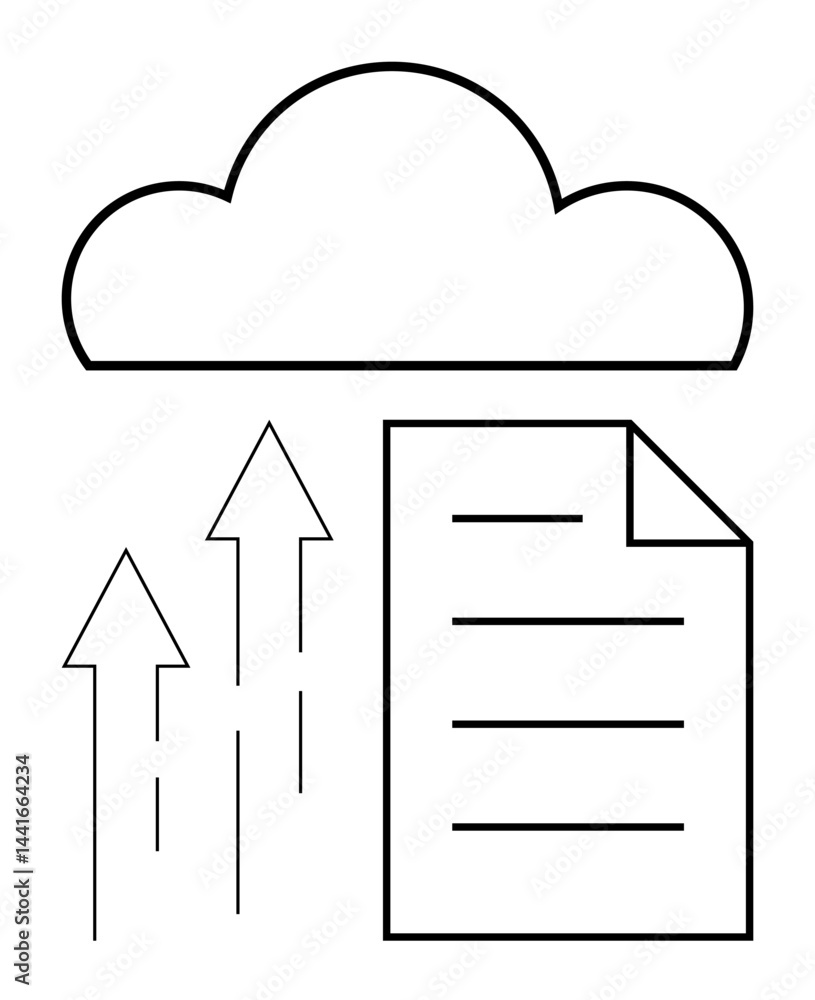 Poster cloud above document with three upward arrows symbolizing upload process. ideal for data storage, fi