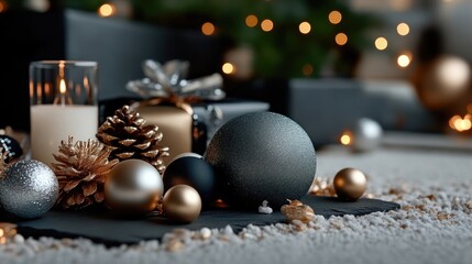 Festive Christmas decorations on dark slate