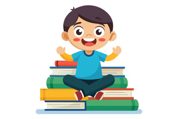 A young boy with a big smile sits cross-legged on a tall stack of vibrant books, celebrating his love for reading in a fun and animated way.
