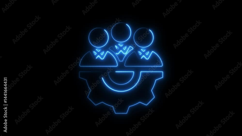 Poster neon teamwork and gears symbolizing collaboration and technical processes on black background