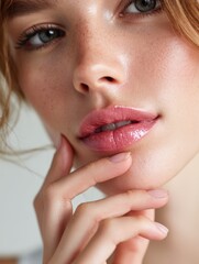 Obraz premium Close up Portrait of a Young Woman with Freckles and Pink Lips Gently Touching Her Chin