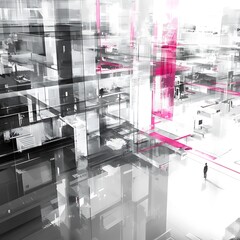 Abstract grayscale cityscape with pink accents, featuring a solitary figure in a reflective, geometric environment. The image evokes a sense of futuristic urban exploration