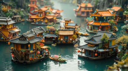 Obraz premium Idyllic floating houses in a peaceful canal, reflecting unique asian heritage