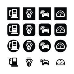 Automotive Icons Collection Of Fuel Medal Cars And Speedometer On Black Background Vector Illustration