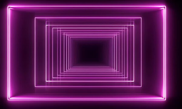 A purple neon light tunnel with a glowing square frame on a black background, in a flat lay composition.