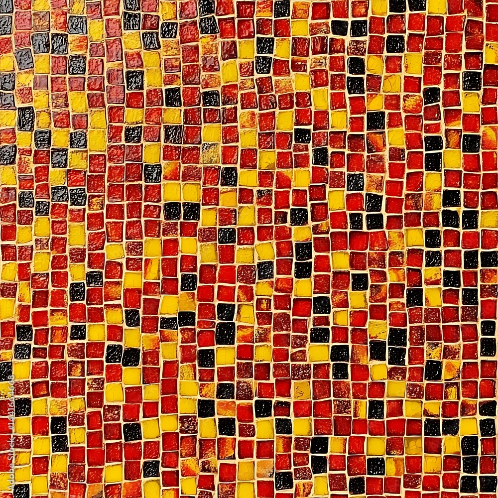 Poster abstract mosaic tile pattern in red, yellow, and black. close up view of small square tiles creating