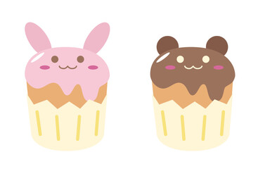 Cute bunny and bear character cupcakes flat illustration
