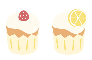 Cute cupcakes with strawberry and lemon toppings flat illustration
