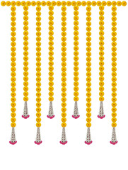 Marigold flower garland decoration backdrop for wedding decor, Happy Diwali, Indian Holiday festival isolated on transparent background