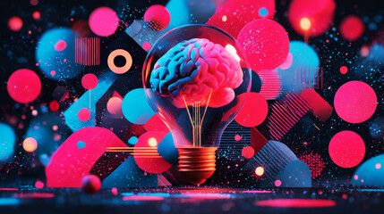 Illuminating Ideas: A vibrant display of creativity bursts forth as a human brain is encased in a lightbulb, surrounded by a captivating abstract scene of bright colors.