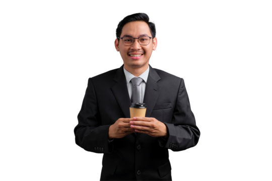 Happy Asian businessman in suit holding coffee cup and smiling, isolated on transparent background