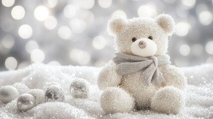 Winter wonderland scene adorable white teddy bear festive atmosphere soft snowy background close-up view holiday spirit
