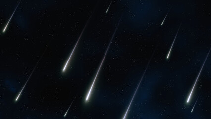 Obraz premium Star rain in the night sky. Meteor shower, falling stars on a black background. Flashes of bright meteorites and meteoroids.