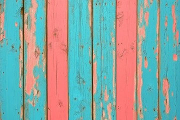 Vertical weathered wooden planks in teal and coral hues.