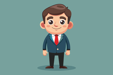 A cartoon businessman displays a friendly smile while wearing a dark suit and a red tie. The character is set against a light green backdrop, exuding a professional vibe.