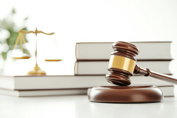 Justice on the Table: A compelling, top-angle shot showcases a gavel poised, poised beside a balanced scale, resting on a stack of books. The essence of law, justice and legal system is displayed.