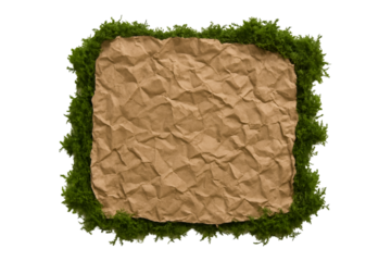 Wrinkled Paper Frame on Green Border: Rustic elegance defines a crumpled paper framed by a lush green border of foliage, ideal for conveying messages, announcements.