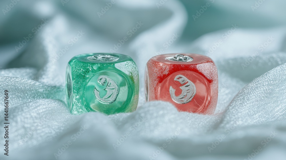 Poster two colorful translucent dice resting on a soft cloth.