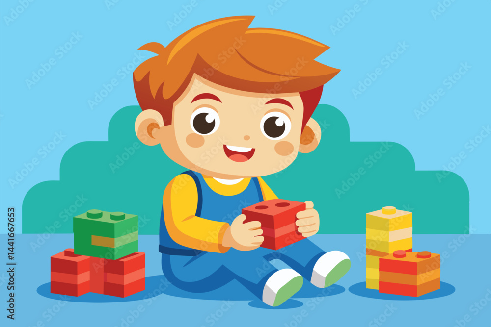Poster a cheerful child sits on the ground, engaged in building a structure with colorful blocks, surrounde