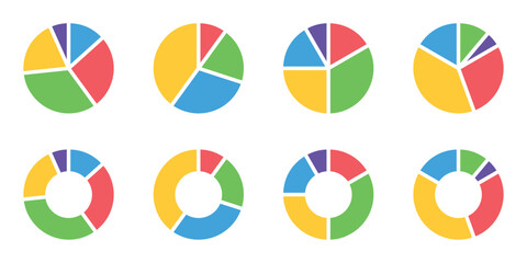 Collection of pie chart infographics featuring segmented circle diagrams, perfect for presentations, UI, web design, and data visualization. Vector graphic set.