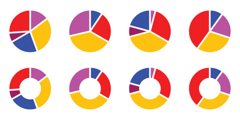 Collection of pie chart infographics featuring segmented circle diagrams, perfect for presentations, UI, web design, and data visualization. Vector graphic set.
