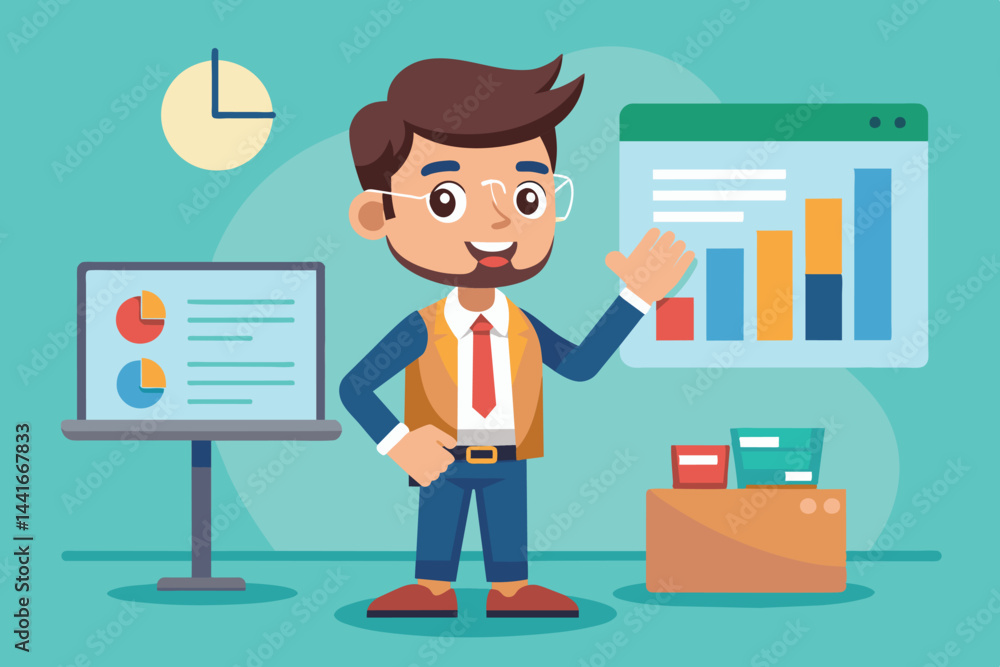 Poster a man in business attire cheerfully presents a data report on a screen, showcasing colorful charts a