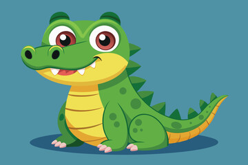 A cute cartoon crocodile with big eyes and a happy smile sits on a solid blue background, featuring vibrant green scales and a cheerful demeanor.